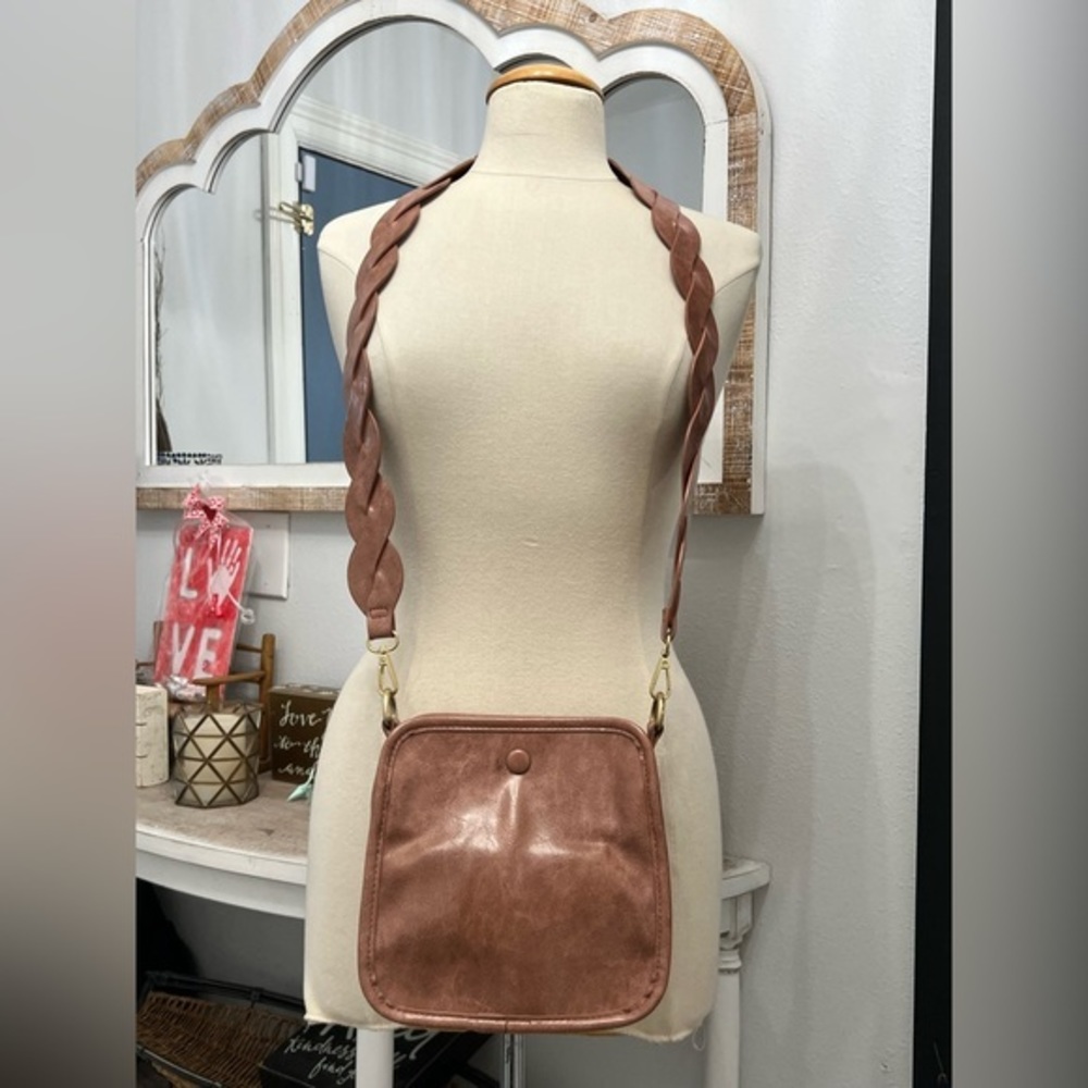 Anthropologie Bag Bette Blush Pink Crossbody Braided Strap‎ Boho Faux Leather